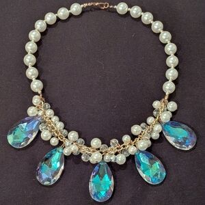 Pearl and Iridescent Crystal Teardrop Statement Necklace - White, 19"